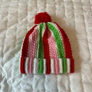 Colorful Striped Crocheted Pom-Pom Hat nwot. Hand made